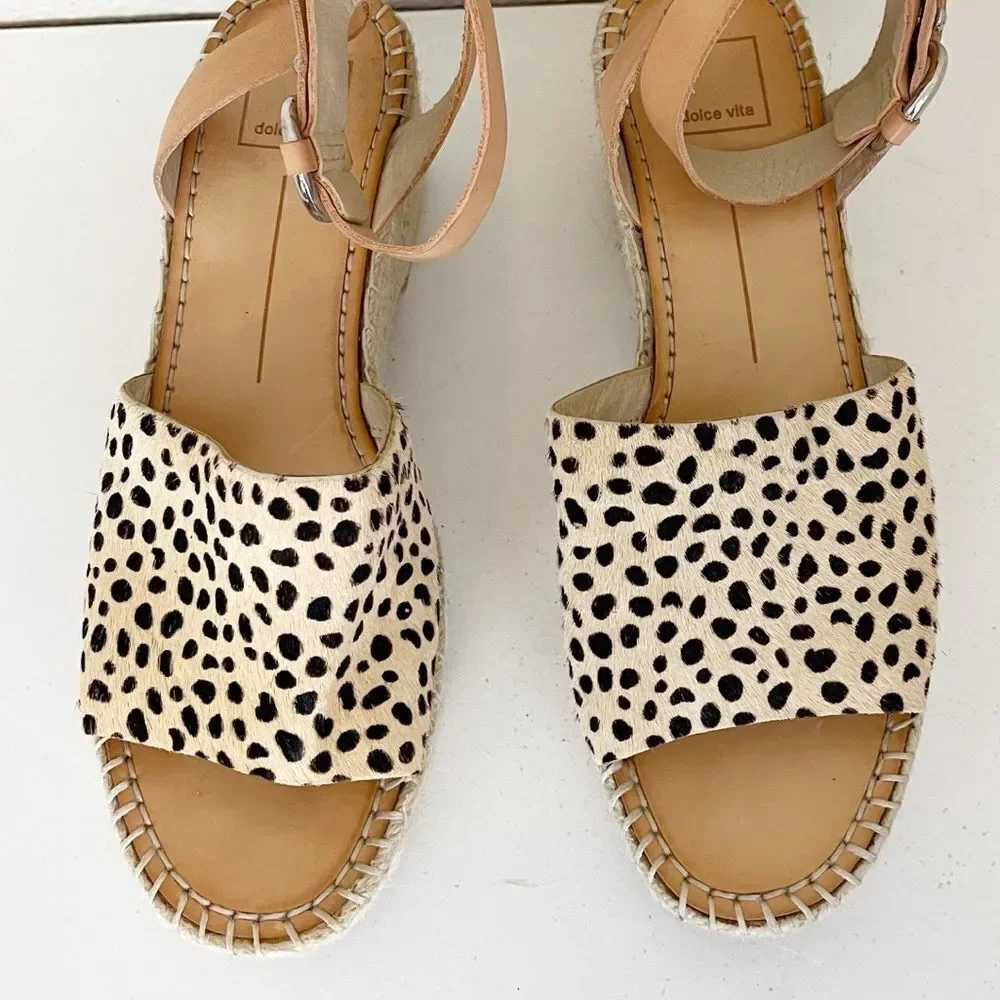 Dolce Vita Lesly Leopard Calf Hair Espadrille Wedges Size 9